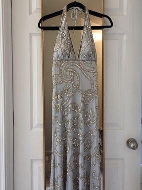 Sequin Beaded Halter Evening Gown in Light Gray and Gold Formal Prom Ball XS